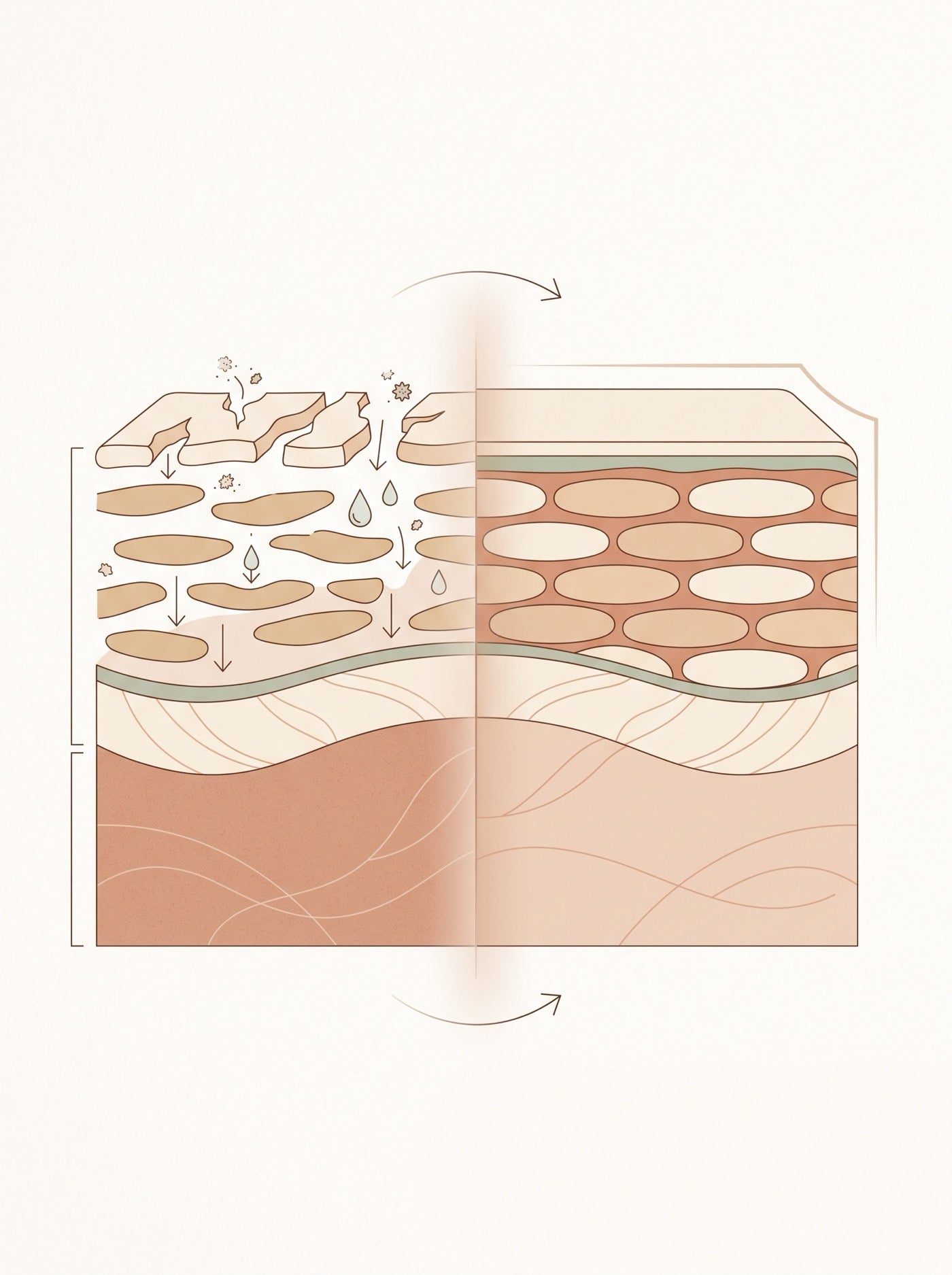Diagram: damaged skin barrier on the left, restored barrier on the right