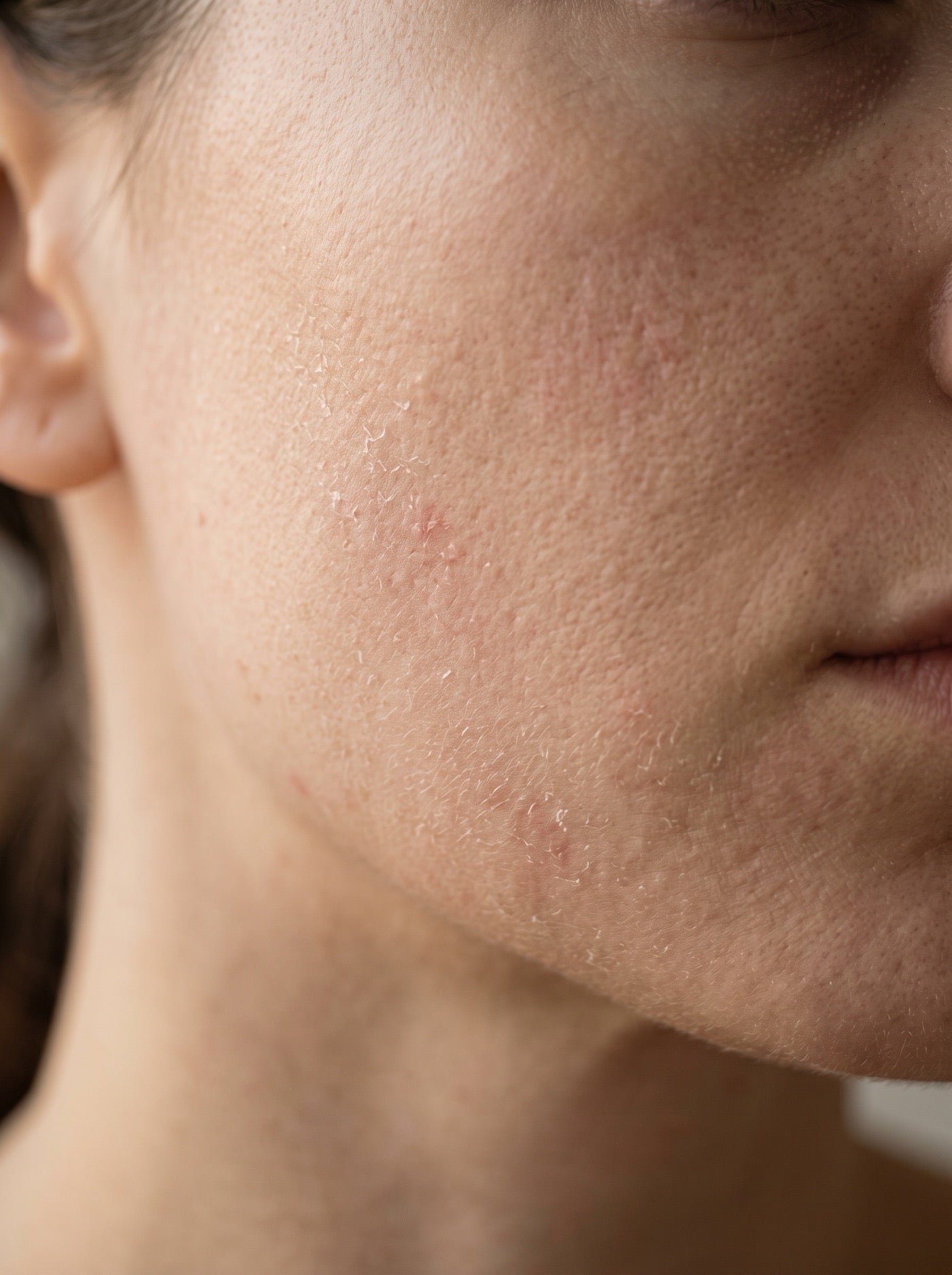 Close-up of dry, flaking, reactive skin on a cheek