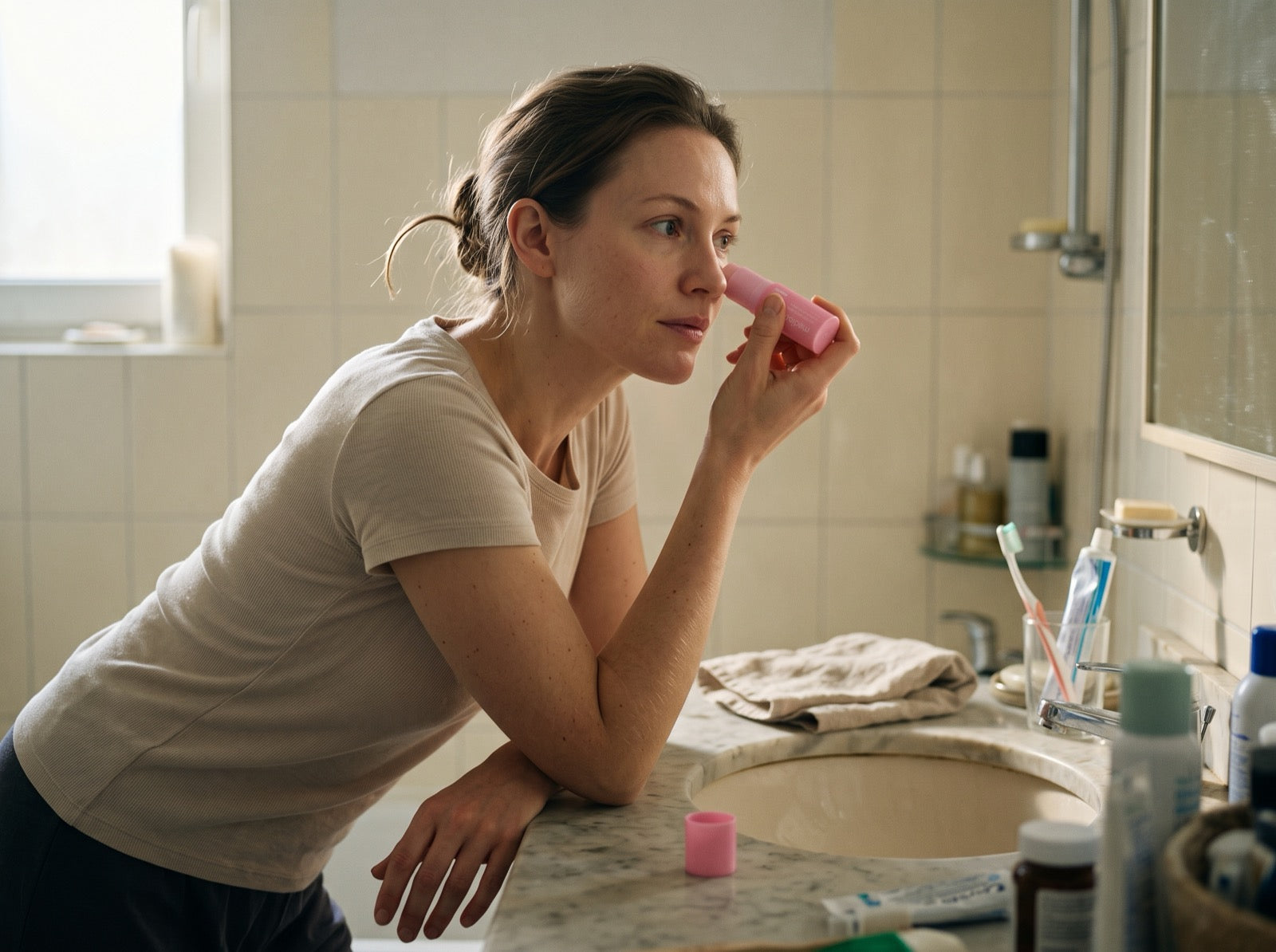 Woman applying the balm at her bathroom sink
